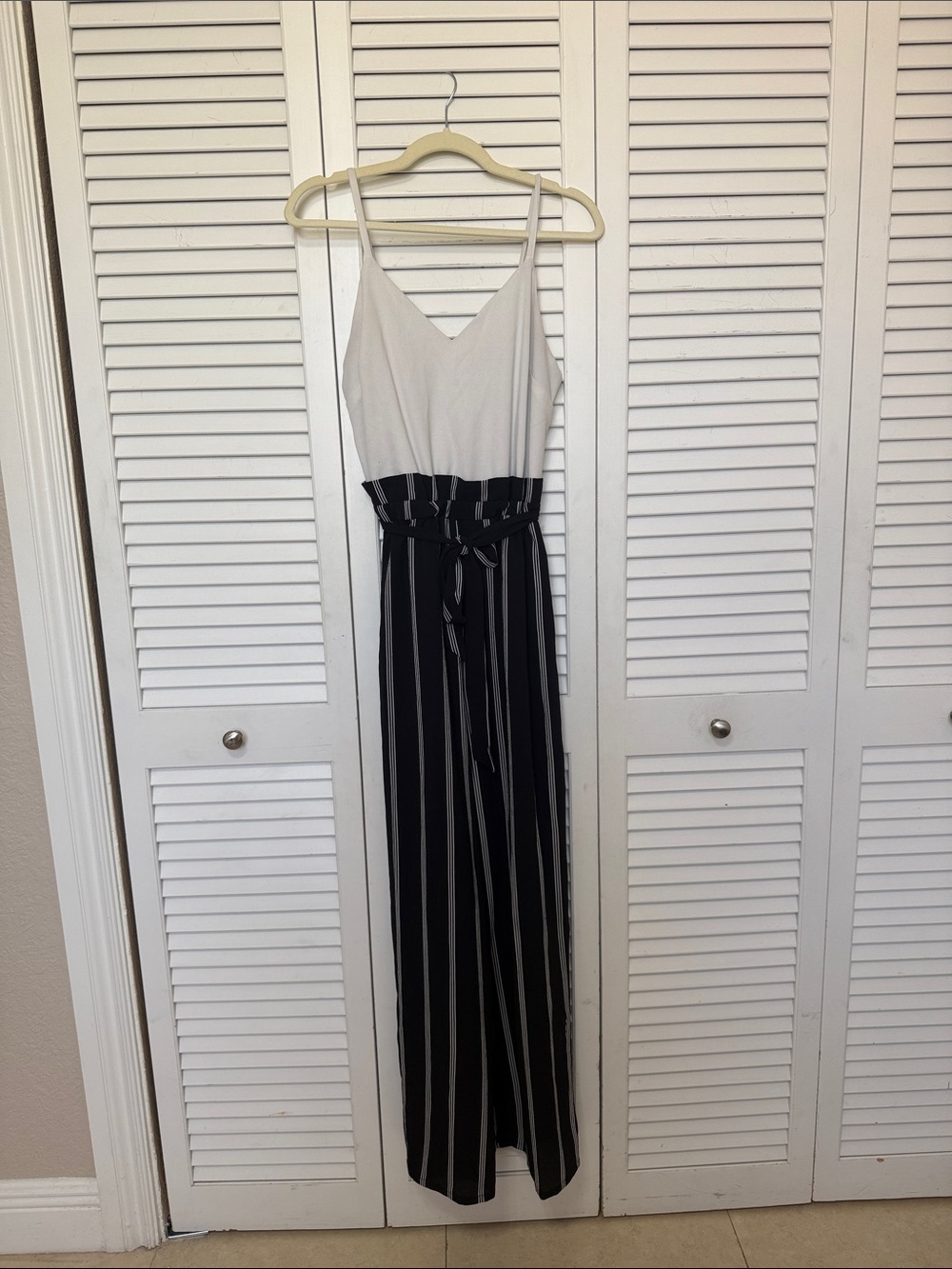 Sleeveless White & Black Striped Jumpsuit